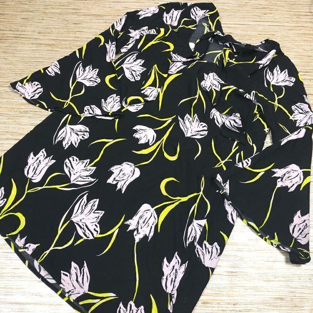 G-162 Halogen Tie neck tunic dress BLACK FLORAL Size L nwot $69